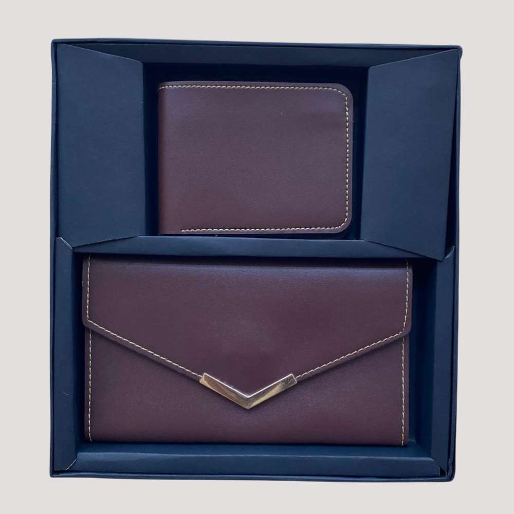 Couple's Combo Clutch & Wallet Faux Leather - Brown