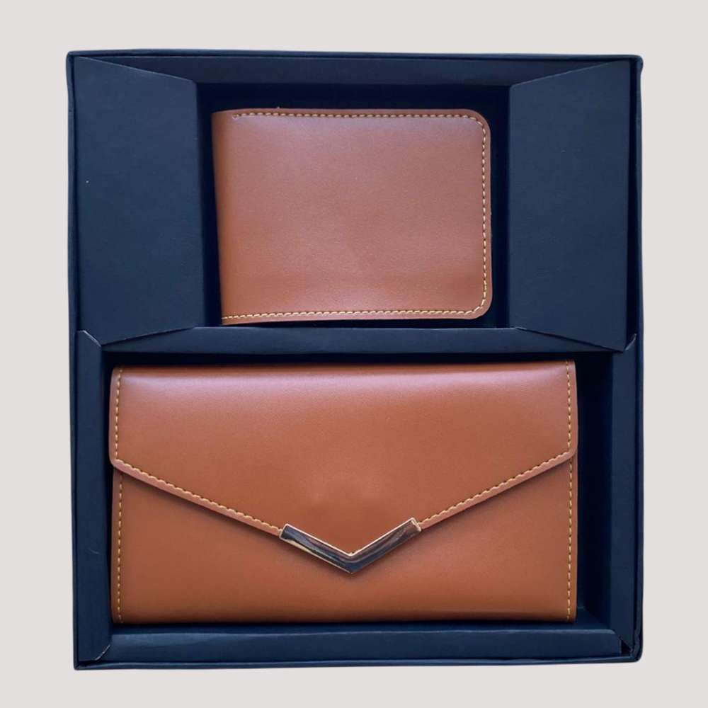 Couple's Combo Clutch & Wallet Faux Leather - Tan