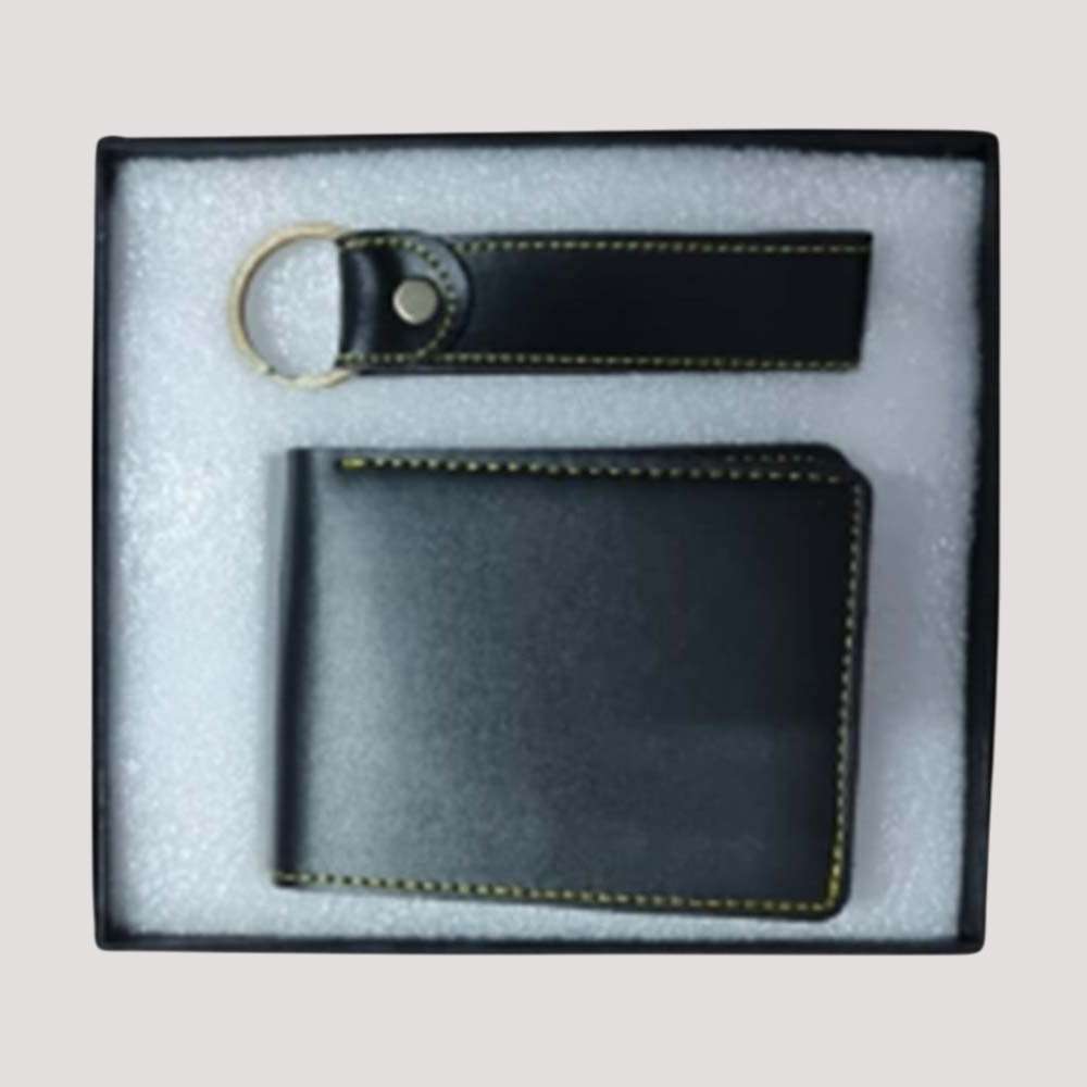Man's Wallate and Keychain Faux Leather Combo - Black