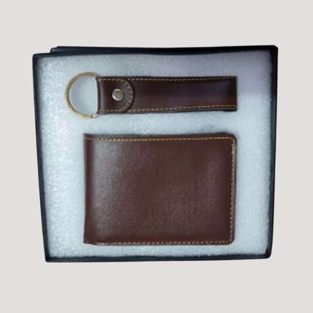Man's Wallate and Keychain Faux Leather Combo - Brown