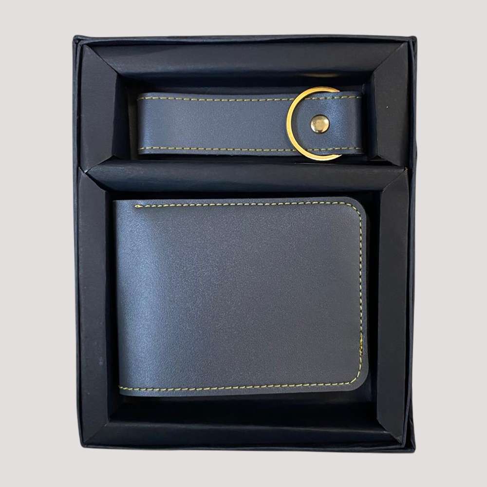 Man's Wallate and Keychain Faux Leather Combo - Gray