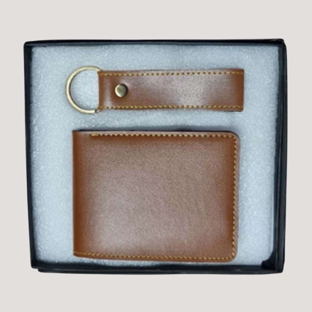 Man's Wallate and Keychain Faux Leather Combo - Tan