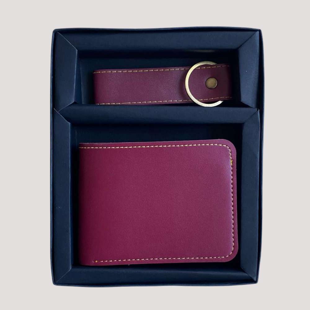 Man's Wallate and Keychain Faux Leather Combo - Wine