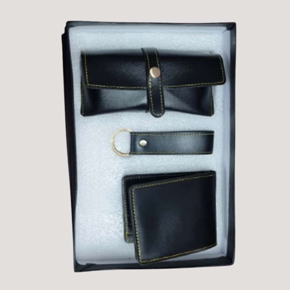 Man's Wallate, Sunglass and Keychain Faux Leather Combo - Black