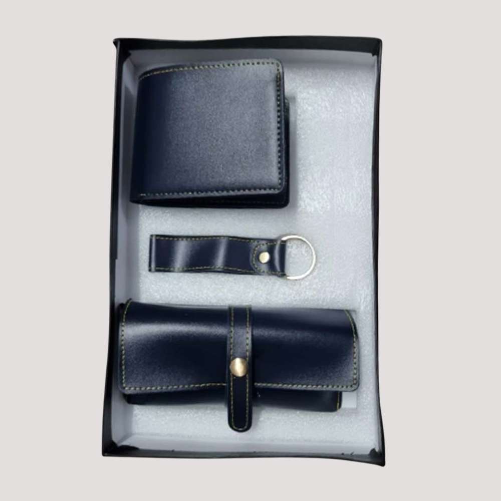 Man's Wallate, Sunglass and Keychain Faux Leather Combo - Blue