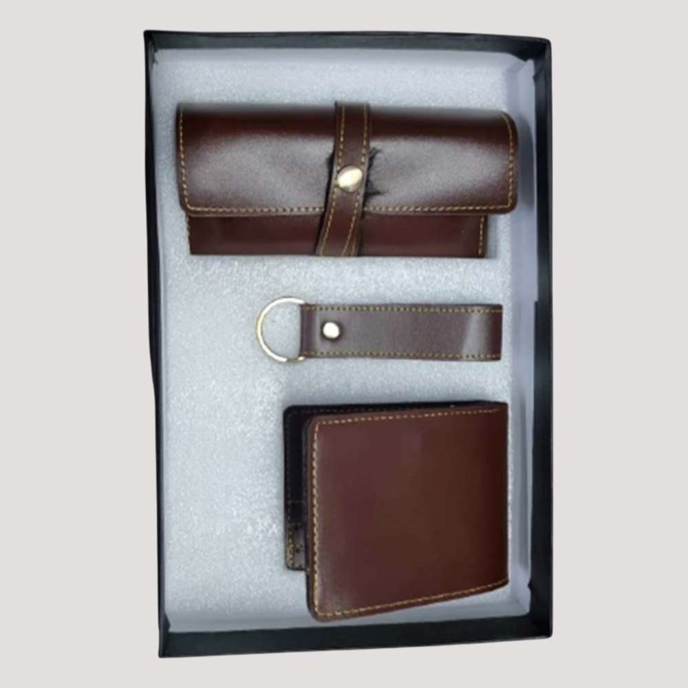 Man's Wallate, Sunglass and Keychain Faux Leather Combo - Brown