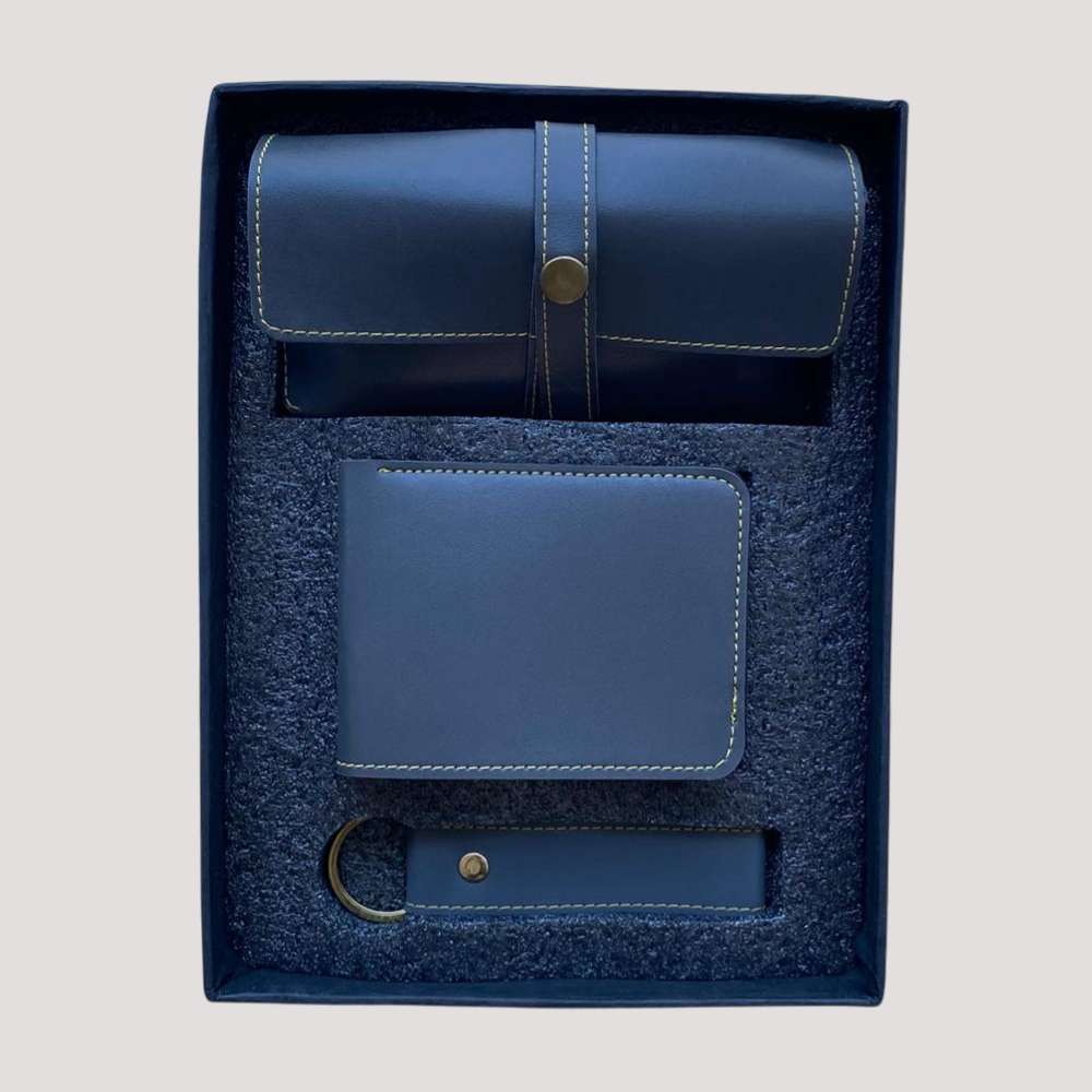 Man's Wallate, Sunglass and Keychain Faux Leather Combo - Gray