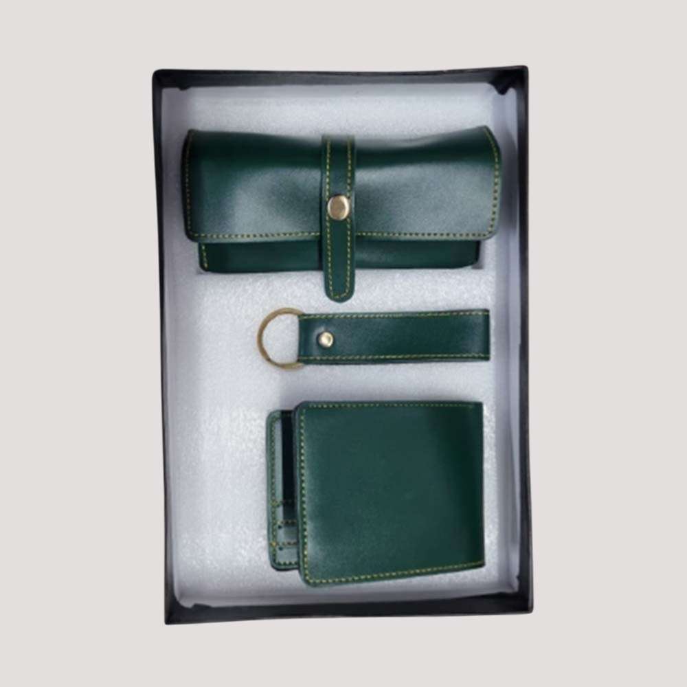 Man's Wallate, Sunglass and Keychain Faux Leather Combo - Olive