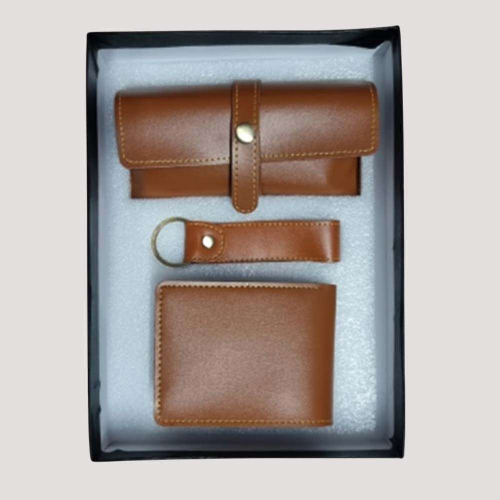 Man's Wallate, Sunglass and Keychain Faux Leather Combo - Tan