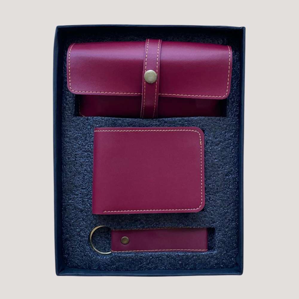 Man's Wallate, Sunglass and Keychain Faux Leather Combo - Wine