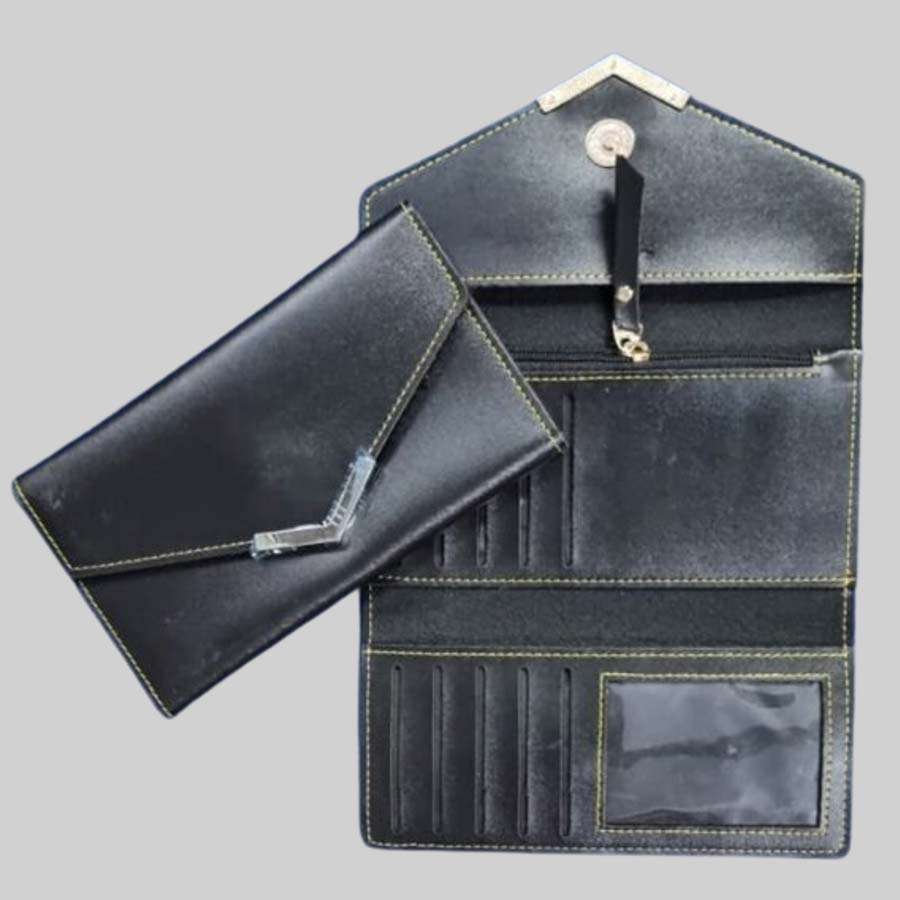 Ladies Purse Faux Leather 3 Fold Clutch - Black