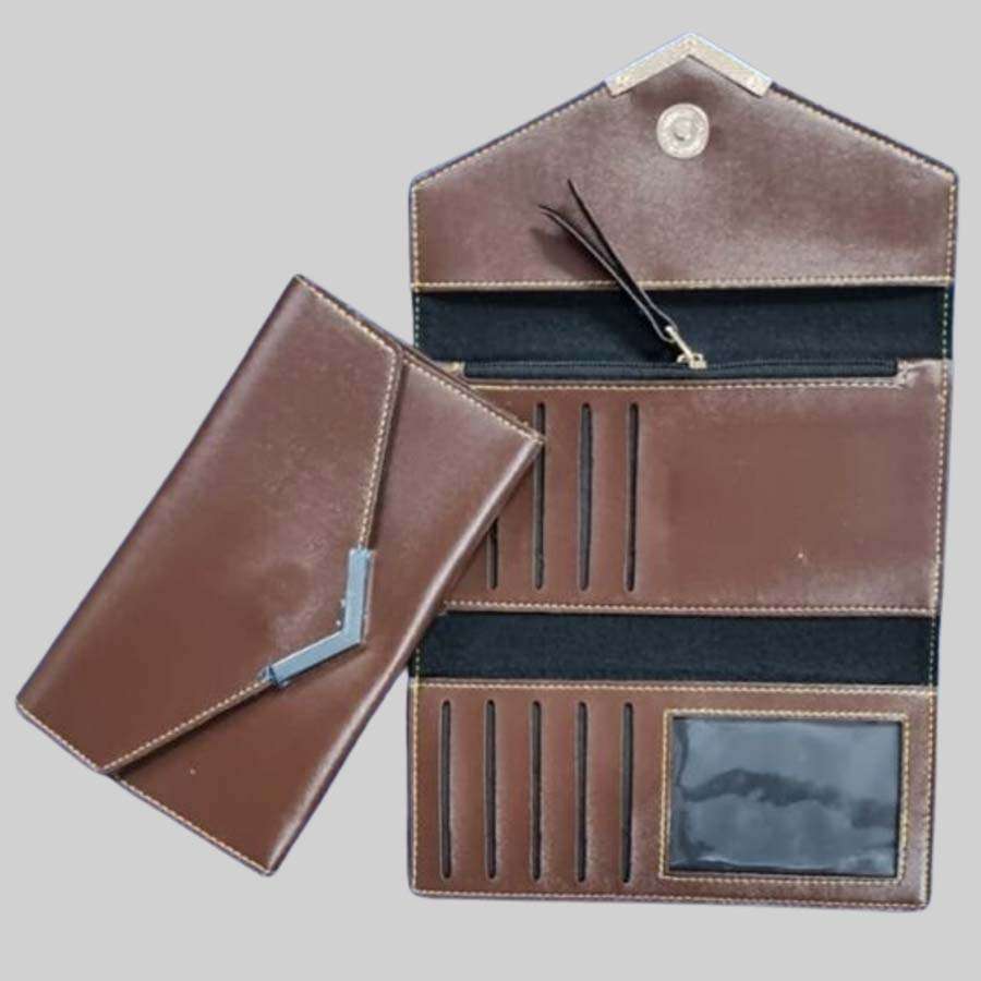 Ladies Purse Faux Leather 3 Fold Clutch - Brown