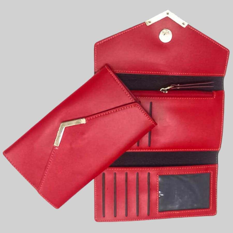 Ladies Purse Faux Leather 3 Fold Clutch - Red