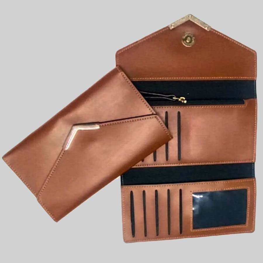 Ladies Purse Faux Leather 3 Fold Clutch - Tan