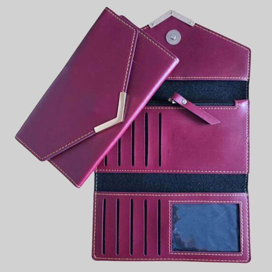 Ladies Purse Faux Leather 3 Fold Clutch - Wine