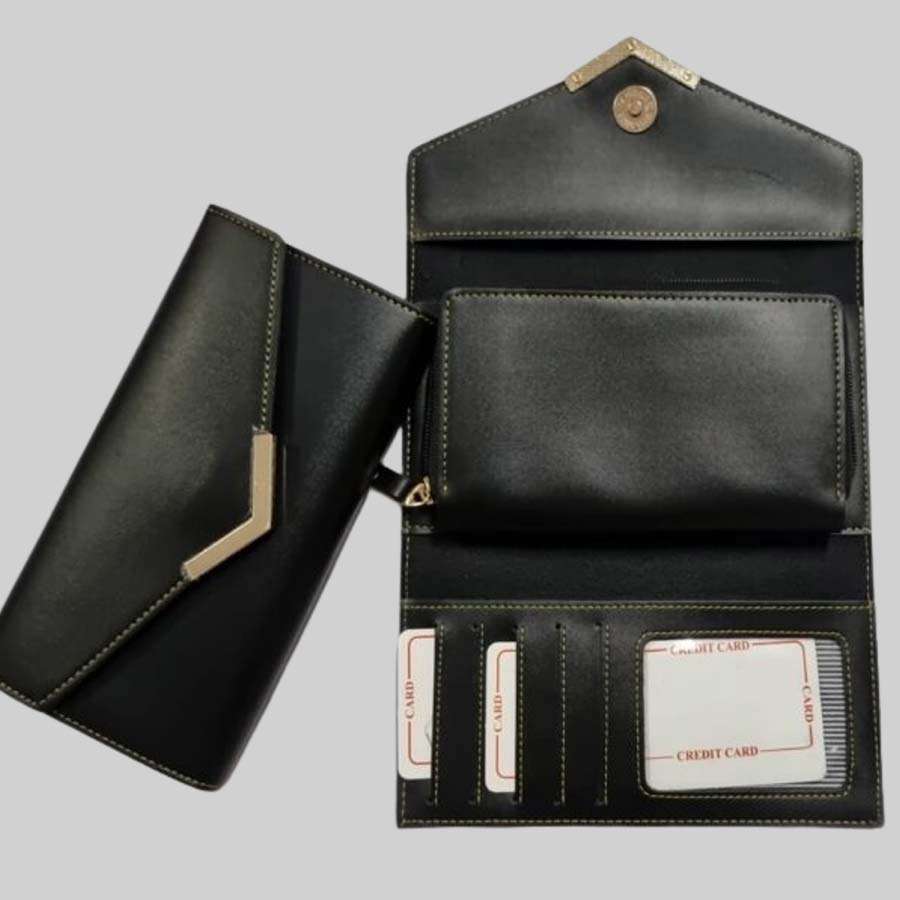 Ladies Purse Faux Leather with Pocket - Black
