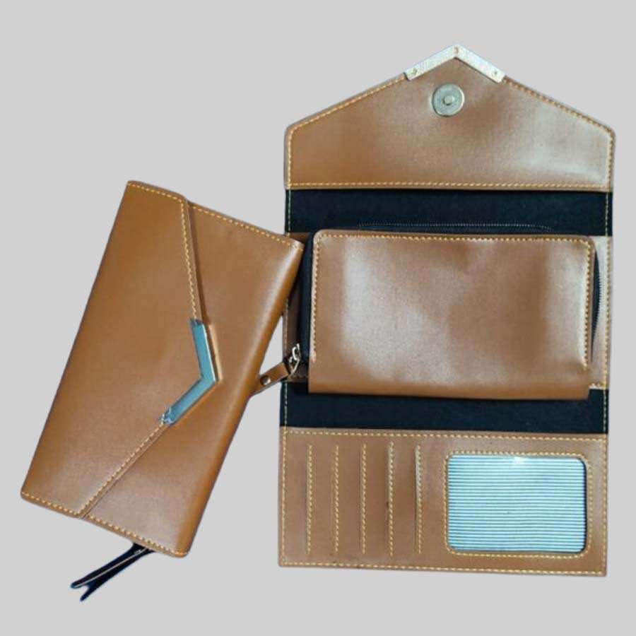 Ladies Purse Faux Leather with Pocket - Brown
