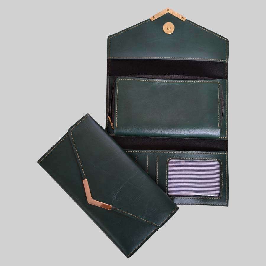 Ladies Purse Faux Leather with Pocket - Olive