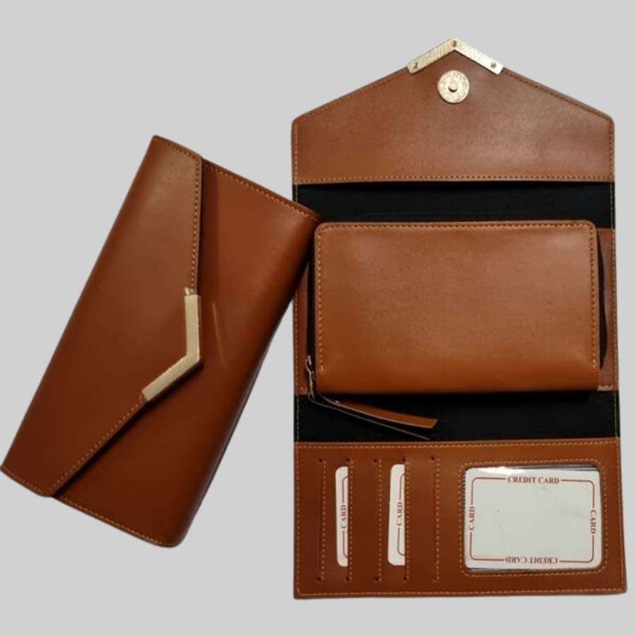 Ladies Purse Faux Leather with Pocket - Tan