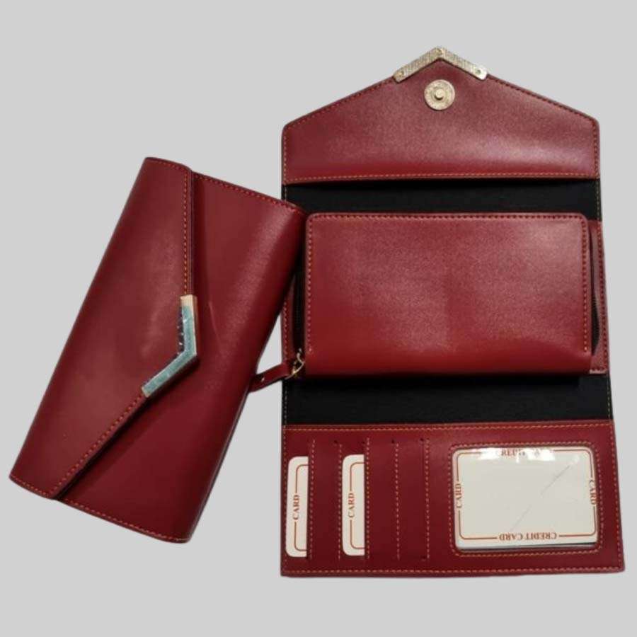 Ladies Purse Faux Leather with Pocket - Wine