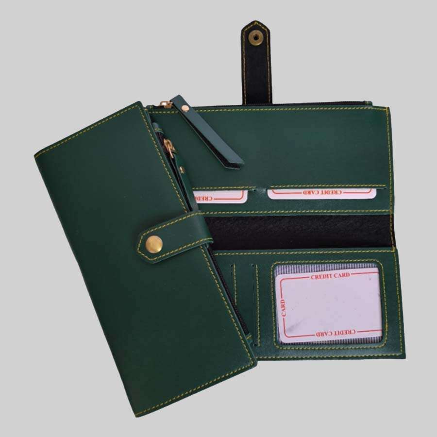 Travel Pouch Faux Leather 2 Fold Clutch - Olive